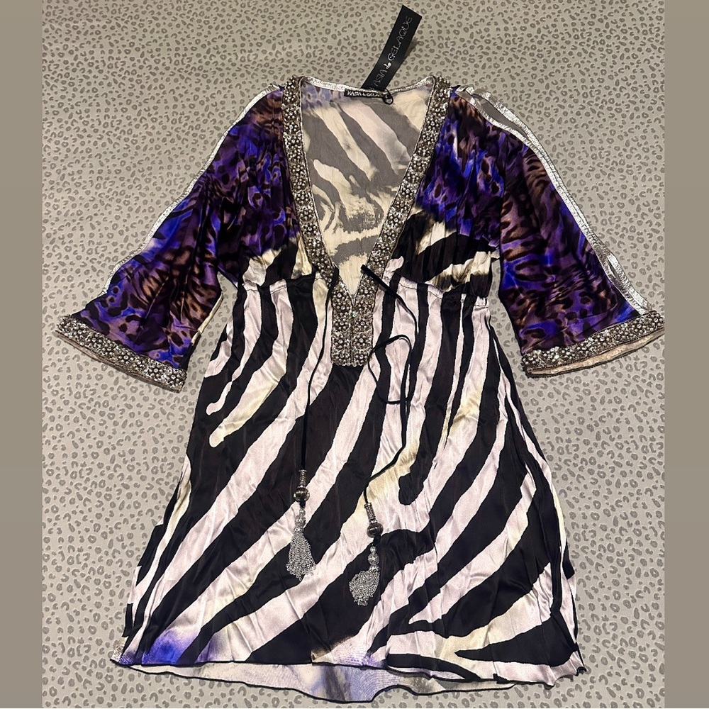 Kasia de Gelaque designer silk short tunic - zebra print embellished dress